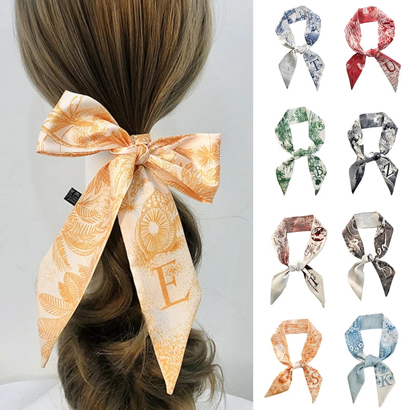 100*6cm 26 Initials Letters Luxury Bag Scarf Narrow Silk Small Scarf Bandana Hair Tie For Women Print Hijab Neckerchief Headband