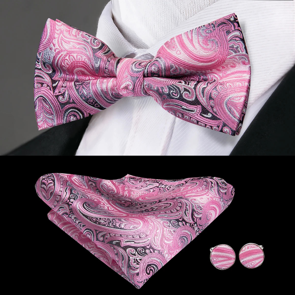 Hi-Tie Marque Soie Pré-noué Homme Nœud Papillon Mouchoir Boutons de Manchette Ensemble Nœud Papillon pour Homme Jacquard Solide Cachemire Floral Mariage Cadeau d'Affaires