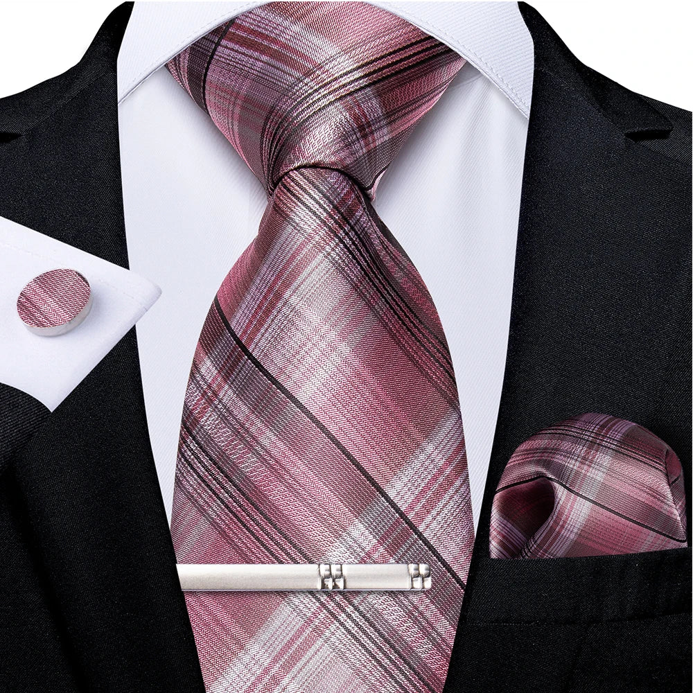 Ensemble cravate homme en soie à rayures roses, motif floral, motif cachemire uni, 8 cm, mouchoir, boutons de manchette, accessoires de mariage, de bal, cravate