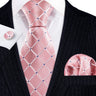 Barry.Wang Pink Silk Mens Tie Hanky Cufflinks Set Peach Salmon Rouge Rose Jacquard Necktie For Male Wedding Party Business Event