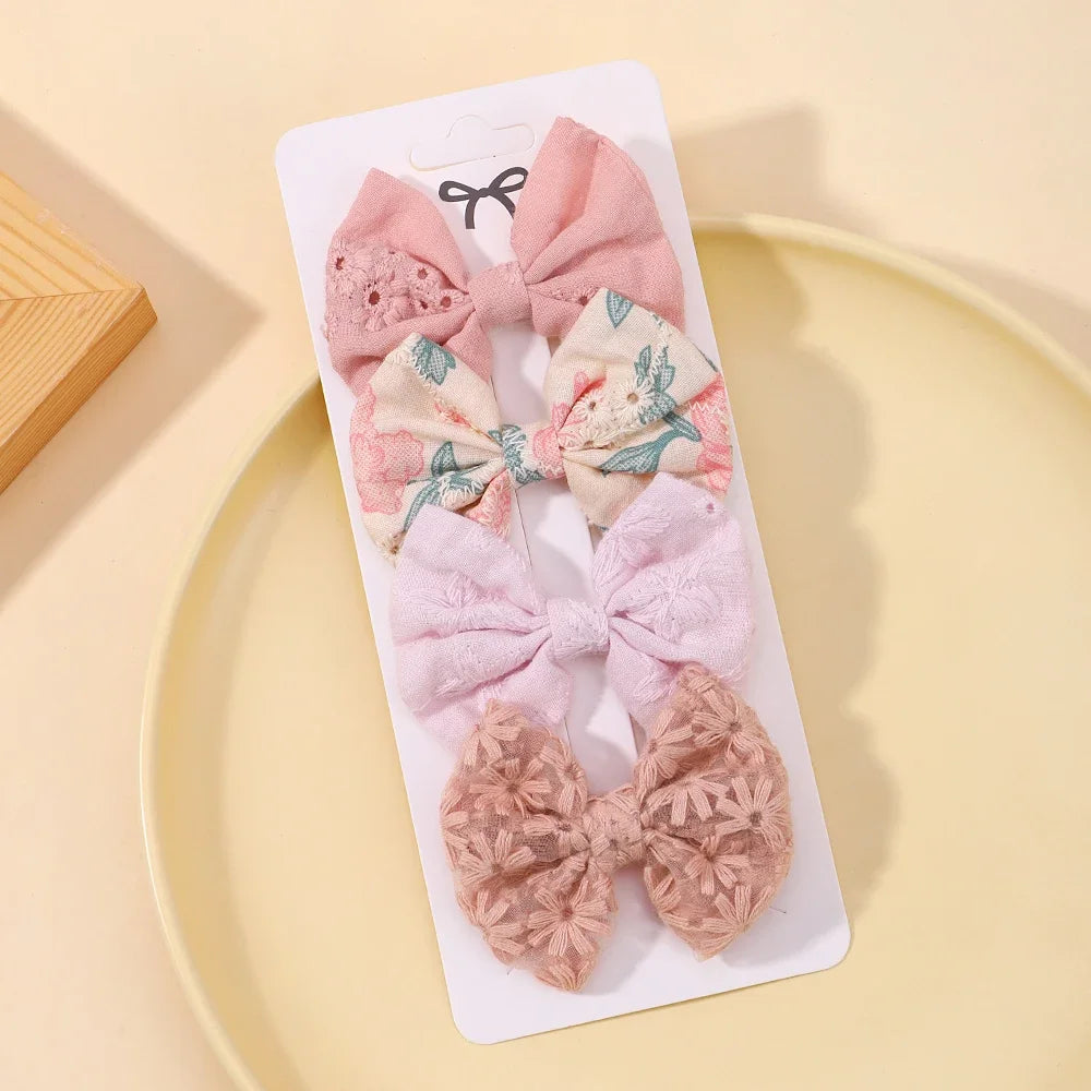 4Pcs/Set Lovely Cotton Bowknot Clips Safe Hairpins Girl Fresh Pastoral Hairclips Baby Hair Accessories Kids Print Hairgripe Gift
