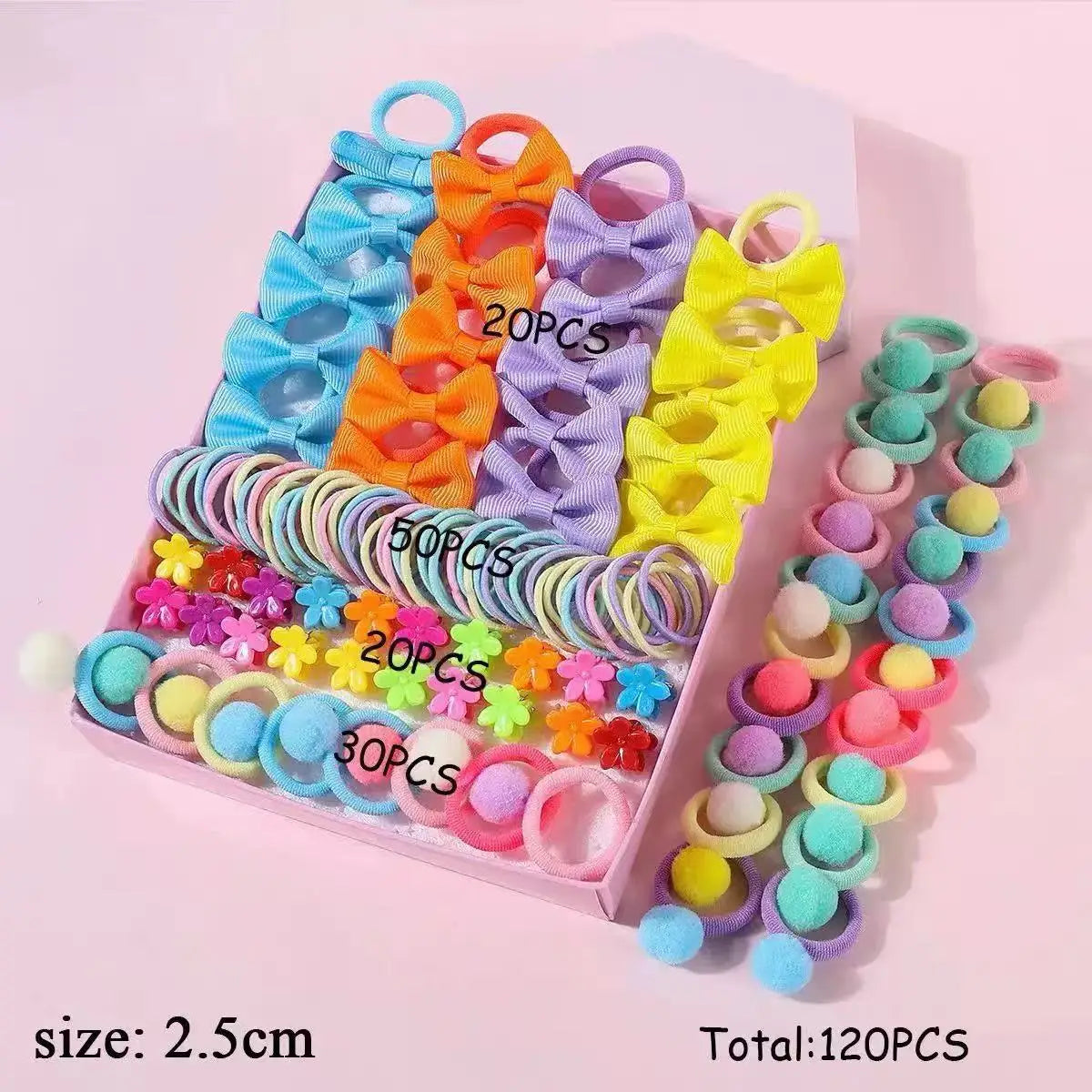Ensemble d'accessoires pour cheveux pour filles, 120 pièces, élastiques à cheveux colorés avec nœud papillon, pour queue de cheval