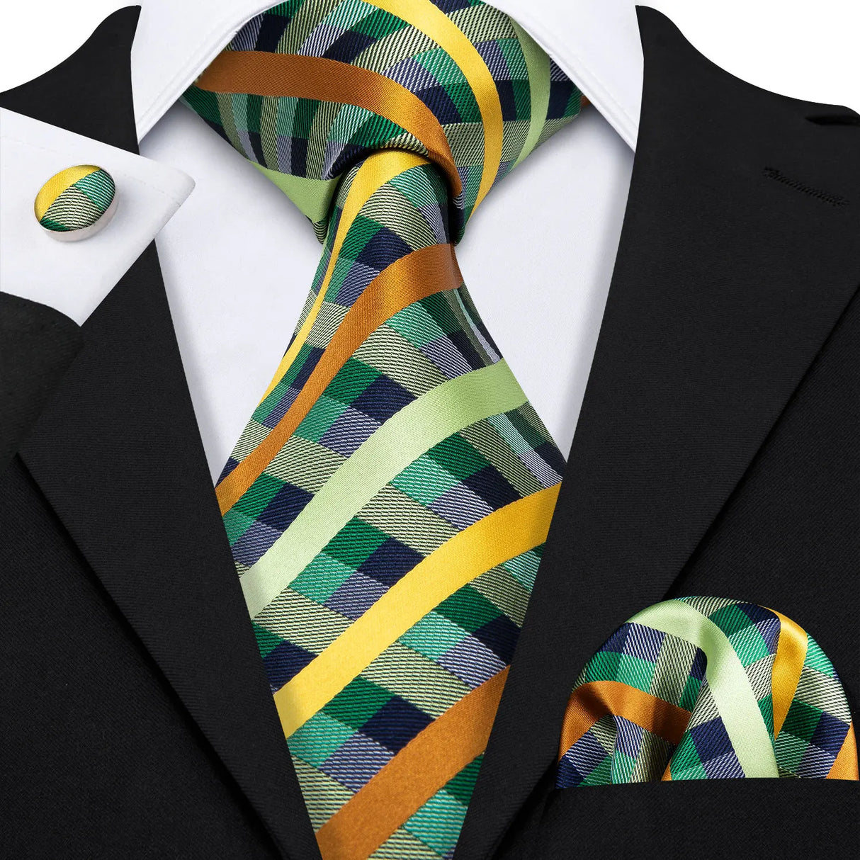Barry.Wang Ensemble cravate et mouchoir en soie à carreaux pour homme, motif jacquard, idéal pour un mariage, un marié ou une équipe