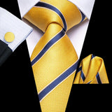 Cravates de luxe à rayures jaunes et bleues pour hommes, nouvelle marque tendance 2022, ensemble de cravates pour fête de mariage, mouchoir, boutons de manchette, cadeau en gros