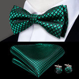 Hi-Tie Nœuds papillon verts de Noël pour hommes Cravate papillon en soie Ensemble de boutons de manchette et mouchoirs pour fête de mariage Nœud papillon uni à carreaux cachemire