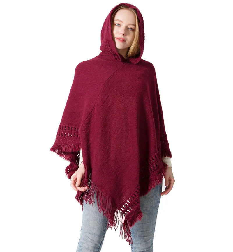 Cape à capuche tricotée pour femme, nouvelle collection automne et hiver, châle, couleur unie, tricot une pièce, grand châle