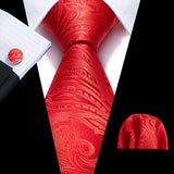 Barry.Wang Ensemble cravate et boutons de manchette en soie pour homme, motif jacquard, rouge, bordeaux, rose, pour mariage, affaires, fête