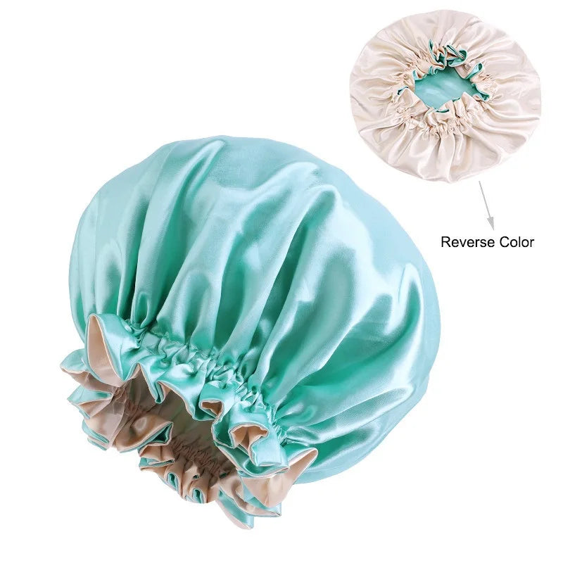 High Quality Double Sided Layer Waterproof Shower Cap Solid Color Satin Hair Bonnet Cap For Women