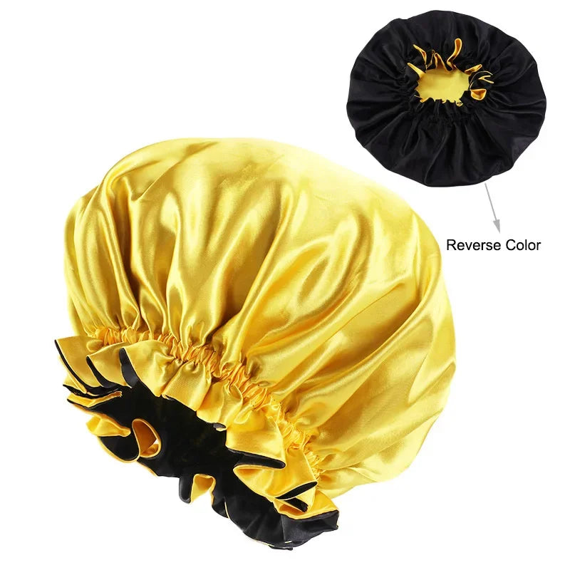 Bonnet de nuit en satin double couleur, bonnet de nuit en dentelle extra large, bonnet rond pour soins capillaires, bonnets de douche