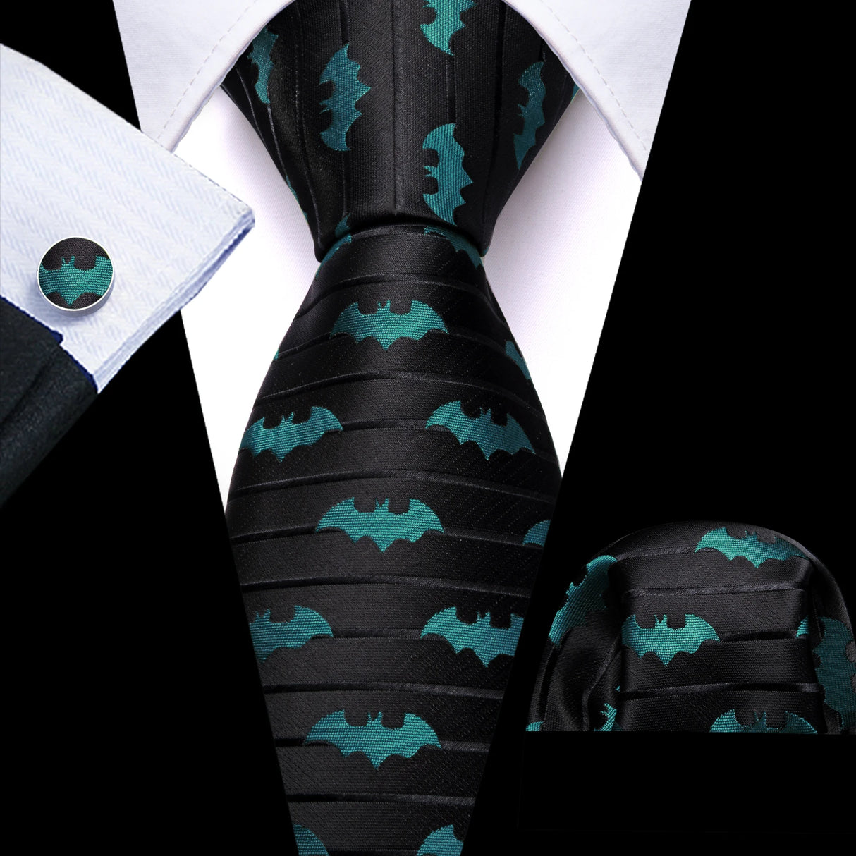 Barry.Wang Nouveauté Soie Hommes Cravate Mouchoir Boutons de Manchette Ensemble Jacquard Animal Dinosaure Chauve-Souris Gravat Cravate Pour Homme Mariage Affaires