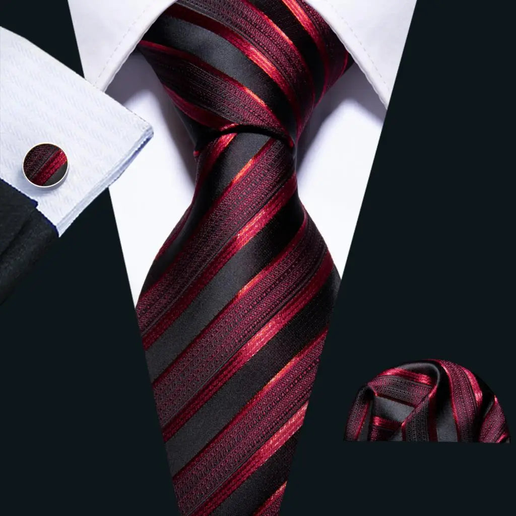 Barry.Wang Ensemble cravate et boutons de manchette en soie pour homme, motif jacquard, rouge, bordeaux, rose, pour mariage, affaires, fête