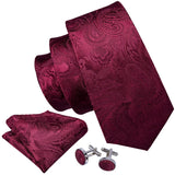Barry.Wang Ensemble cravate et boutons de manchette en soie pour homme, motif jacquard, rouge, bordeaux, rose, pour mariage, affaires, fête
