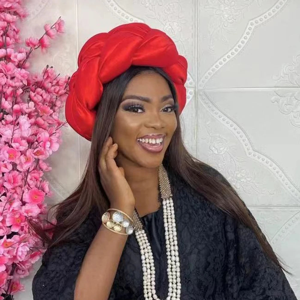 Exaggerated Big Braid Head Band African Raw Silk Turban Cap for Women Nigeria Wedding Party Headpiece Female Headband