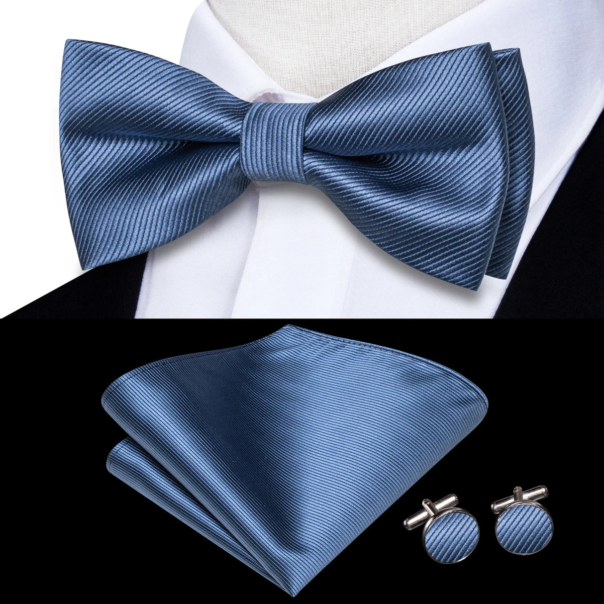 Hi-Tie Jacquard Silk Nœud papillon pour homme, ensemble de boutons de manchette et mouchoir, nœud papillon pré-noué, noir, blanc, gris, bleu, rouge, vert, rose, violet