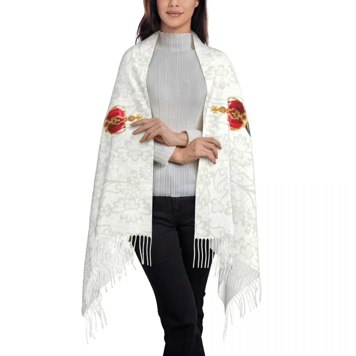 Écharpe élégante à pompons Notre-Dame de Fatima, Vierge Marie, châle chaud d'hiver pour femmes, écharpe catholique pour dames, chapelet portugais