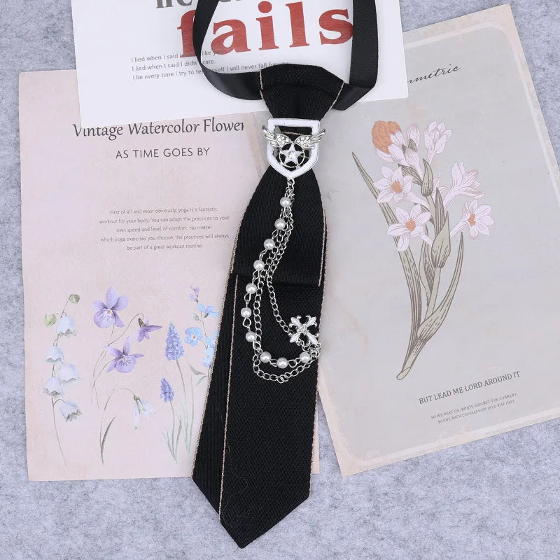 Cravate en ruban noir faite à la main, bijoux en strass cristal, chemises blanches pour hommes, étudiantes, garçons, col, cravates, uniformes, femmes