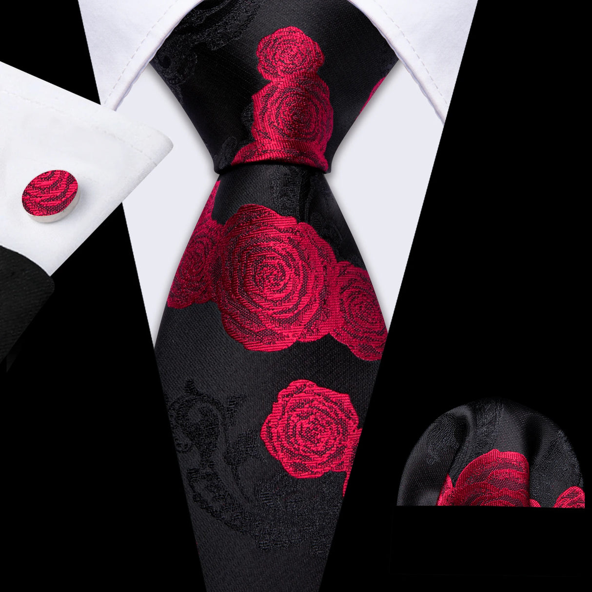 Barry.Wang Ensemble cravate et boutons de manchette en soie pour homme, motif jacquard, rouge, bordeaux, rose, pour mariage, affaires, fête