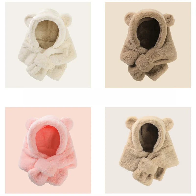 Bonnet d'hiver pour bébé, écharpe, une pièce, fausse fourrure, chapeau pour enfants, dessin animé, ours, chaud, cou, oreilles, bonnet coupe-vent pour garçons et filles, articles pour bébés