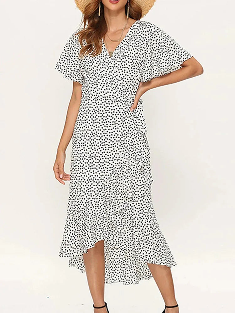 Robe longue d'été pour femme, imprimé floral, style bohème, en mousseline de soie, à volants, décontractée, col en V, fendue, sexy, tenue de soirée