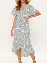 Robe longue d'été pour femme, imprimé floral, style bohème, en mousseline de soie, à volants, décontractée, col en V, fendue, sexy, tenue de soirée