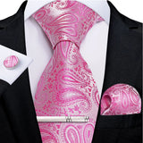 Ensemble cravate homme en soie à rayures roses, motif floral, motif cachemire uni, 8 cm, mouchoir, boutons de manchette, accessoires de mariage, de bal, cravate