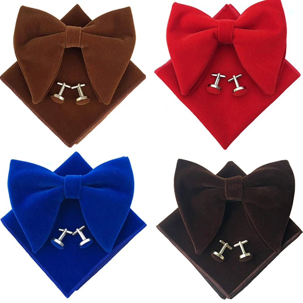 Big Bow Tie Set Velvet Bowknot For Men Pocket Square Cufflinks Set With Big Bowties Men Women Party Wedding Accessories Cravatas