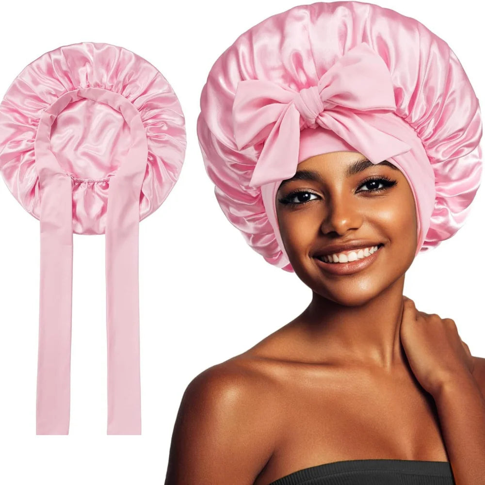 Bonnet de nuit en satin pour femme, large bande solide, extensible, avec nœud, bonnet soyeux, bonnet de nuit, soins capillaires, couvre-tête de douche