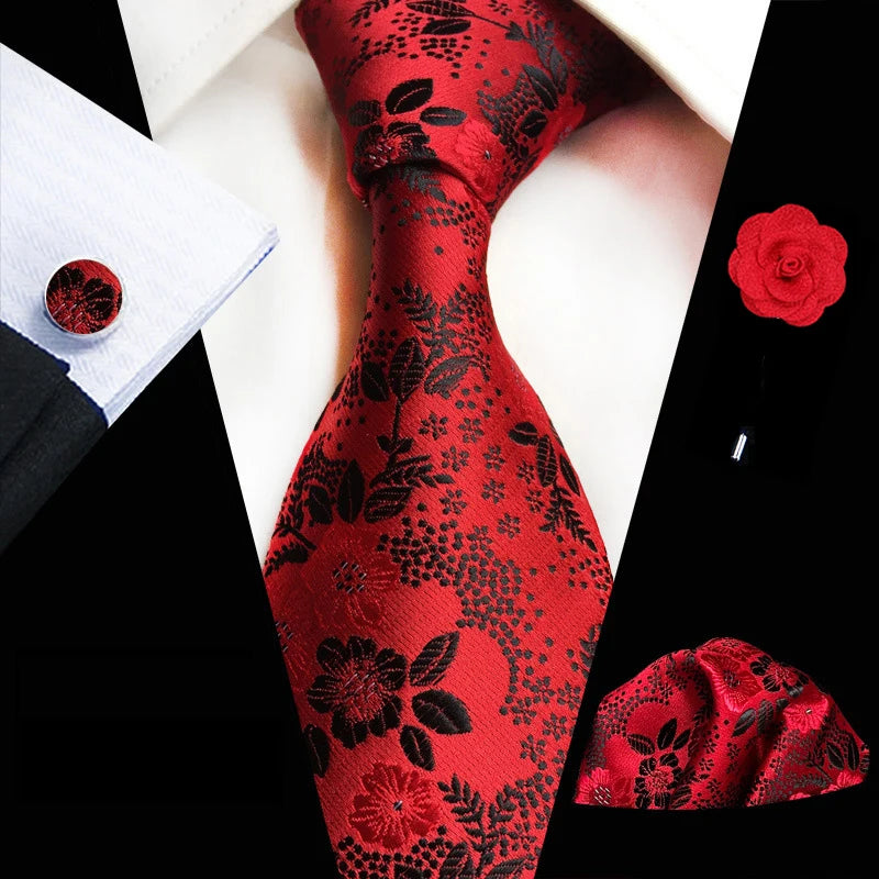 Ensemble de cravates en soie rose floral pour hommes, ensemble de cravates de fête de mariage, mouchoir, broche, boutons de manchette, accessoires pour hommes de haute qualité Gravata