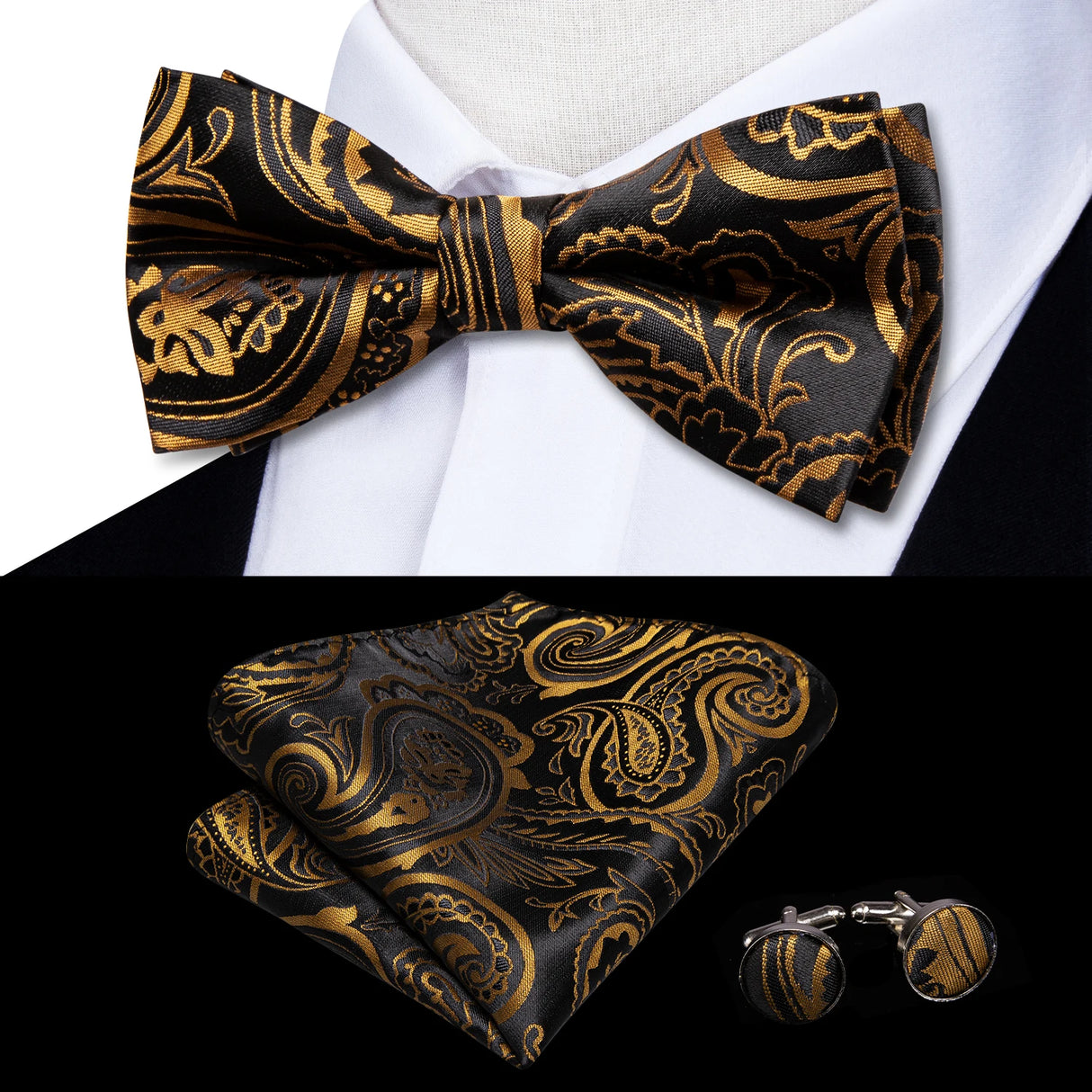 Hi-Tie Nœuds papillon verts de Noël pour hommes Cravate papillon en soie Ensemble de boutons de manchette et mouchoirs pour fête de mariage Nœud papillon uni à carreaux cachemire