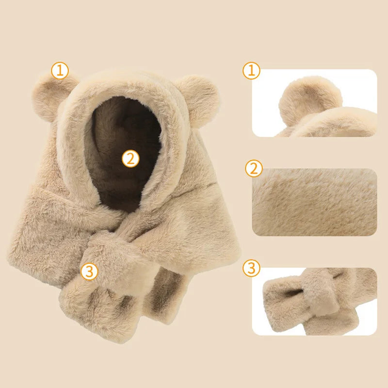 Bonnet d'hiver pour bébé, écharpe, une pièce, fausse fourrure, chapeau pour enfants, dessin animé, ours, chaud, cou, oreilles, bonnet coupe-vent pour garçons et filles, articles pour bébés
