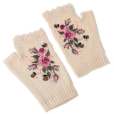 Gants tricotés sans doigts avec broderie florale et abeille, confortables, maintien au chaud, trous pour les pouces, mitaines à fleurs, mitaines à longueur de poignet, hiver