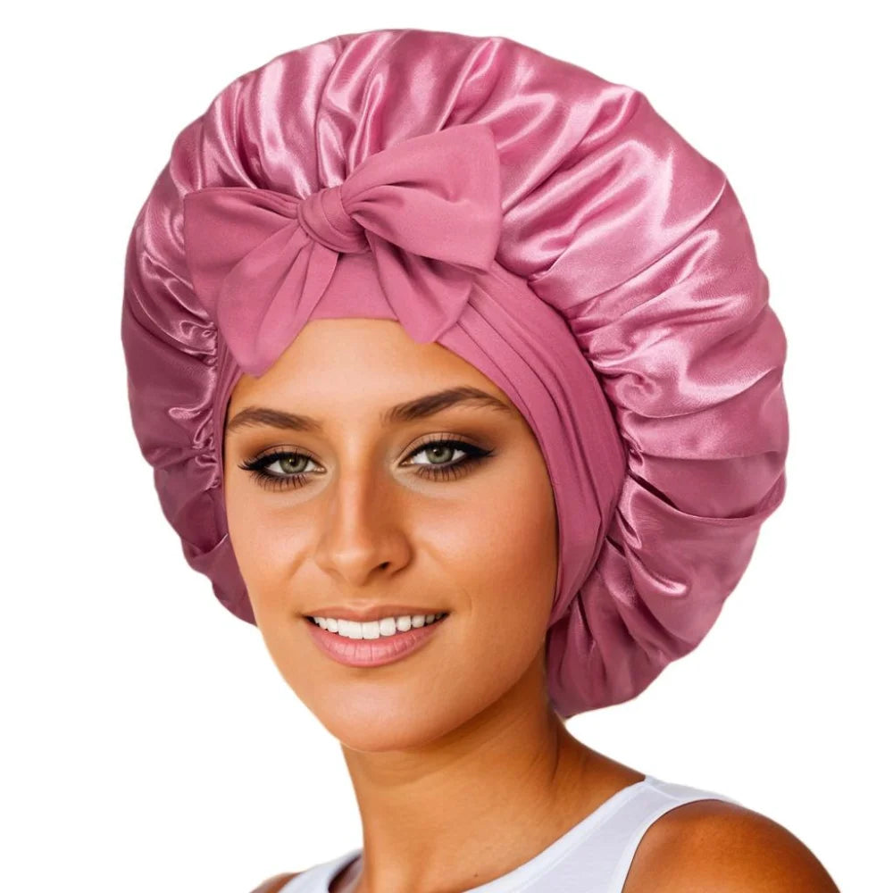 Bonnet de nuit en satin pour femme, large bande solide, extensible, avec nœud, bonnet soyeux, bonnet de nuit, soins capillaires, couvre-tête de douche