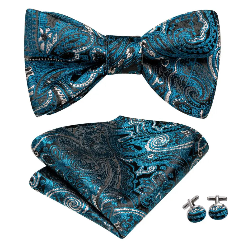 Hi-Tie Ensemble nœud papillon en soie pour homme, mouchoir et boutons de manchette, bleu, rouge, or, noir, blanc, jacquard, nœud papillon, mariage, affaires