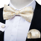 Classic Black Men Bow Ties 100% Silk Bowties Butterfly Pocket Square Cufflinks Set Suit Paisley Gold Pre-Tied Bow Tie DiBanGu