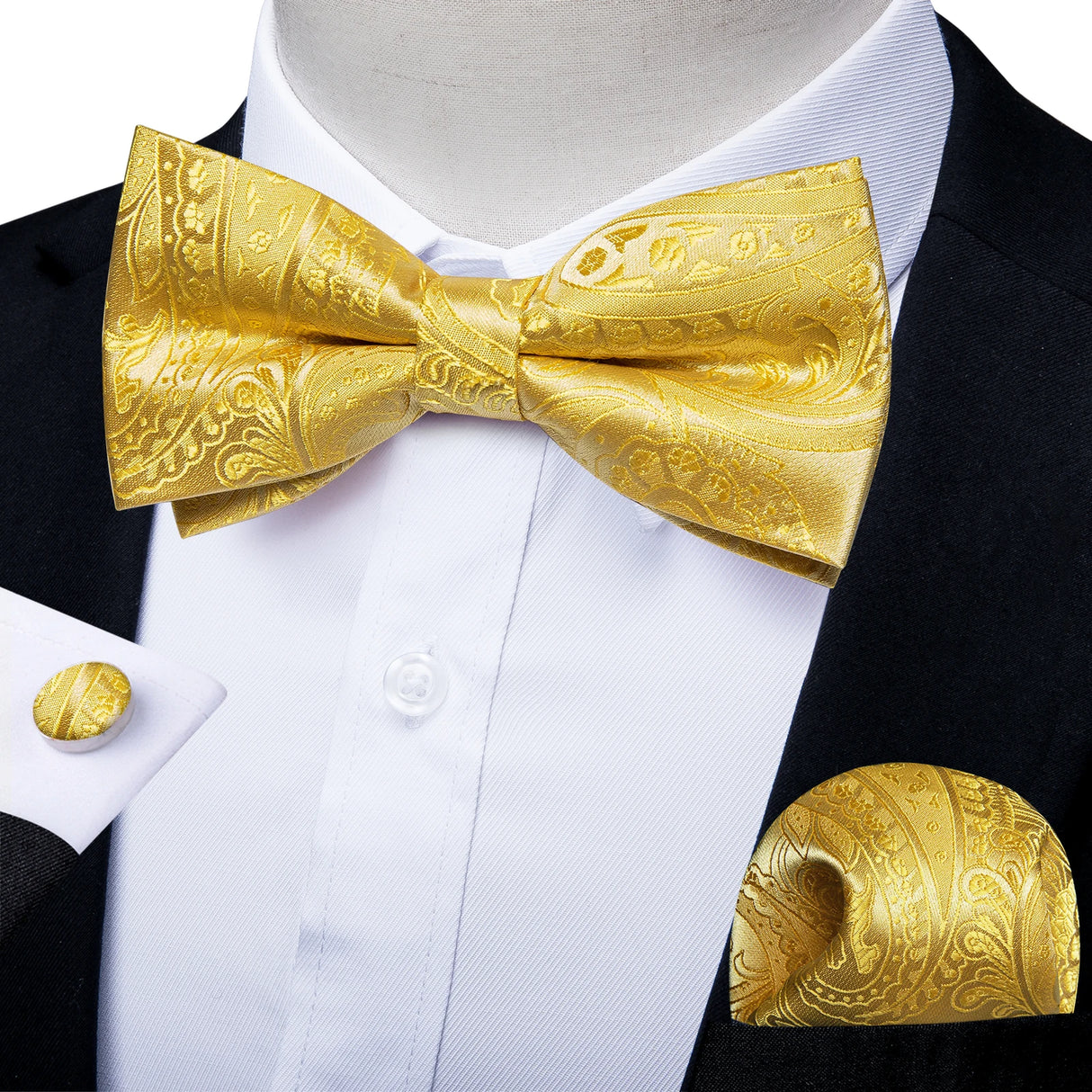 Classic Black Men Bow Ties 100% Silk Bowties Butterfly Pocket Square Cufflinks Set Suit Paisley Gold Pre-Tied Bow Tie DiBanGu