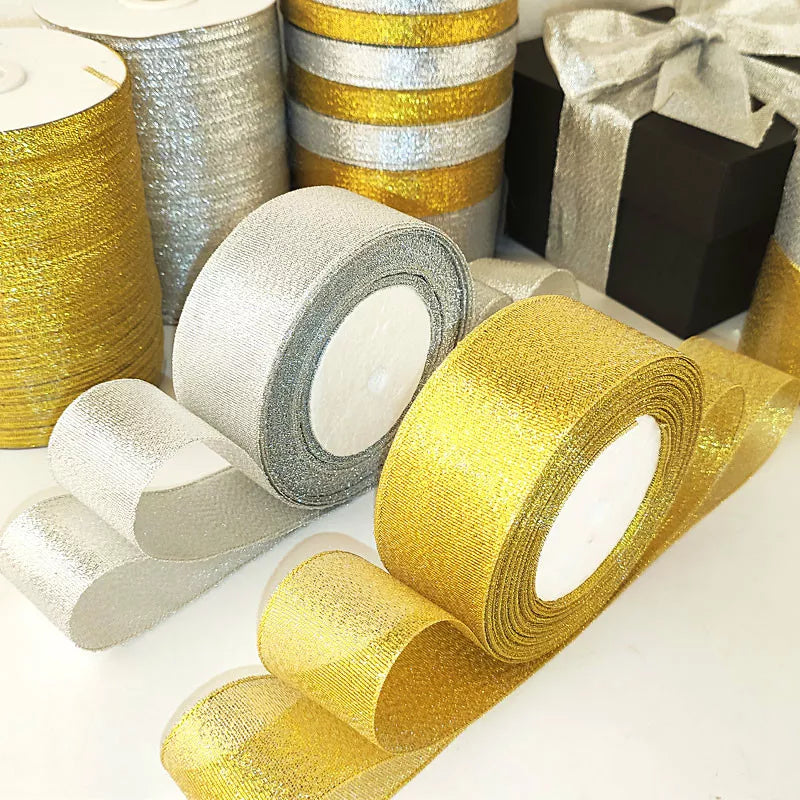 Rouleau de 22 mètres de ruban satiné pailleté doré et argenté, pour décoration de mariage, bricolage, nœuds, cadeaux de Noël
