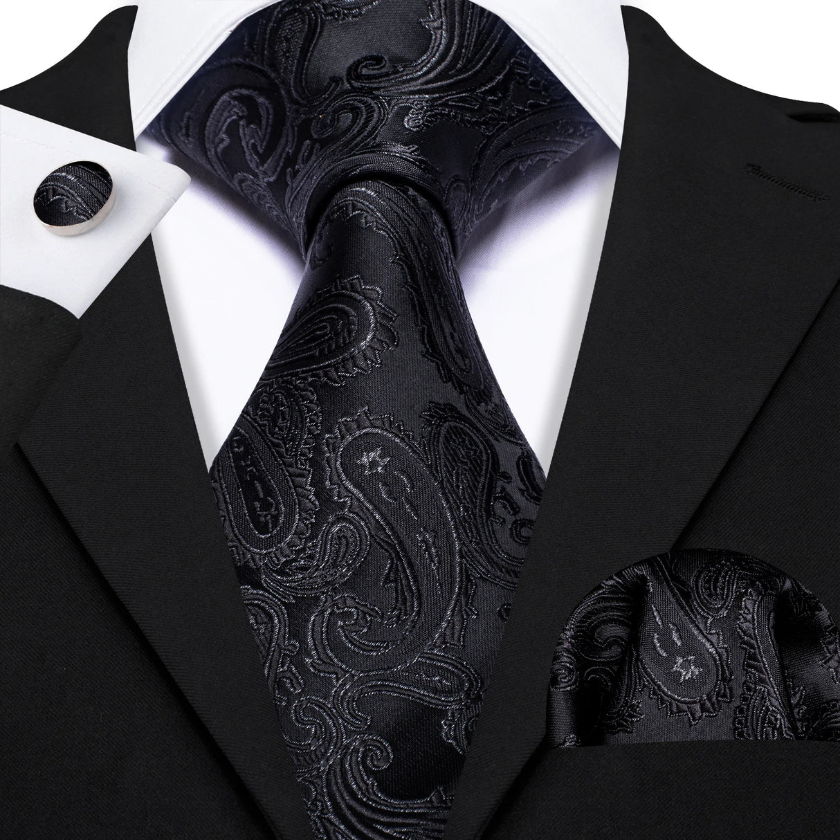 Cravates en soie noire pour hommes, classiques, solides, tissées de haute qualité, avec pochette et boutons de manchette, pour soirées formelles, design Barry.Wang