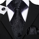 Cravates en soie noire pour hommes, classiques, solides, tissées de haute qualité, avec pochette et boutons de manchette, pour soirées formelles, design Barry.Wang