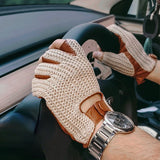 Gants de conduite pour hommes, gants de moto, gants demi-doigts en peau de mouton, gants de voiture en cuir tricoté pour hommes, gants de travail