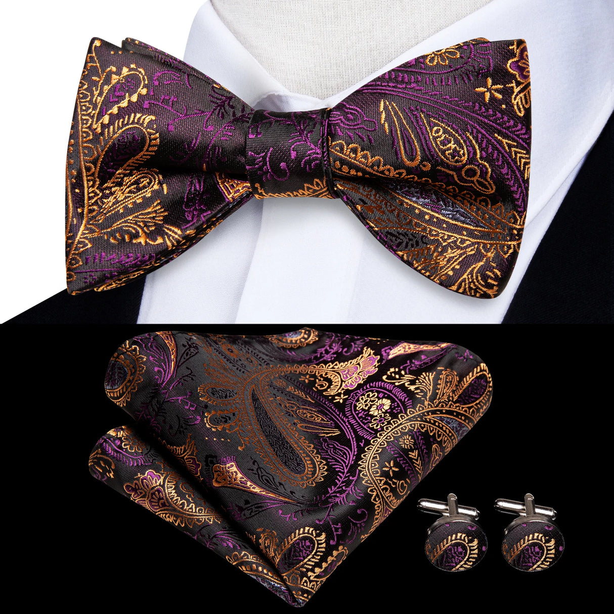 Hi-Tie Ensemble nœud papillon en soie pour homme, mouchoir et boutons de manchette, bleu, rouge, or, noir, blanc, jacquard, nœud papillon, mariage, affaires