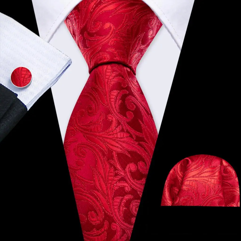 Barry.Wang Ensemble cravate et boutons de manchette en soie pour homme, motif jacquard, rouge, bordeaux, rose, pour mariage, affaires, fête