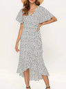 Robe longue d'été pour femme, imprimé floral, style bohème, en mousseline de soie, à volants, décontractée, col en V, fendue, sexy, tenue de soirée