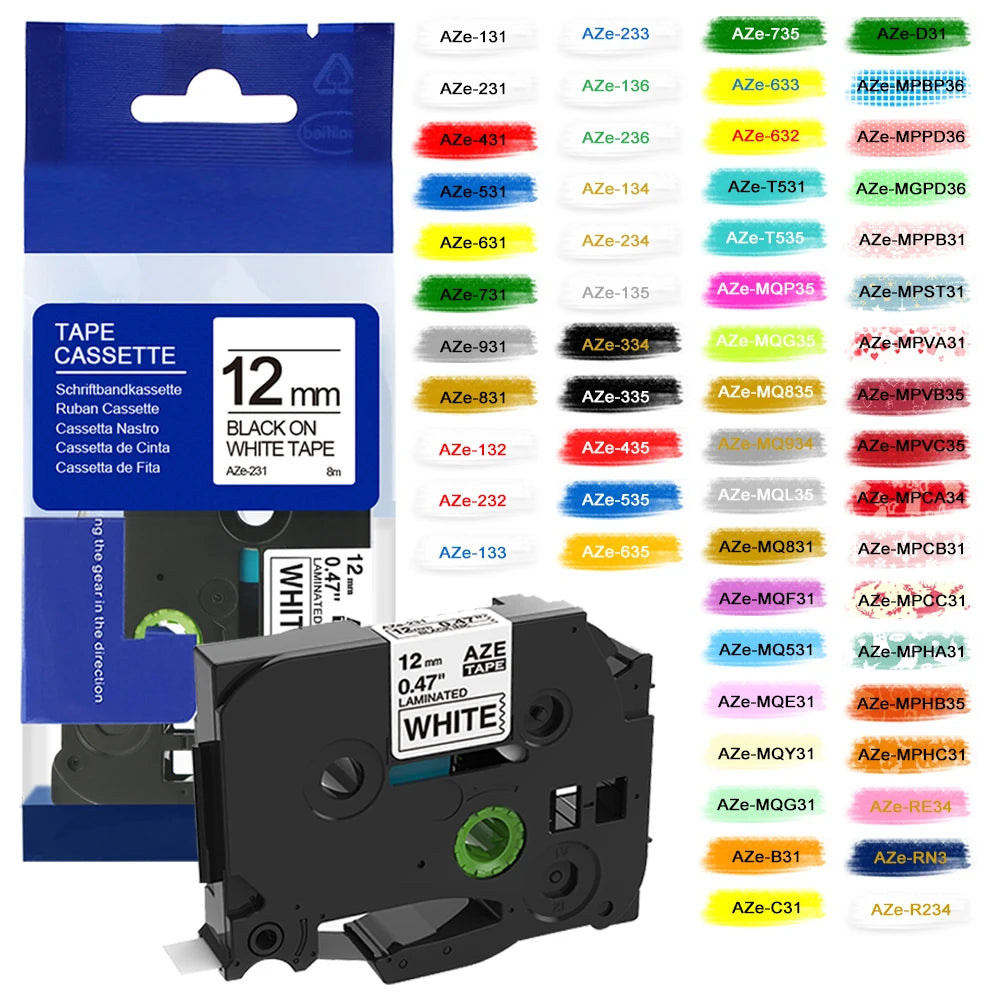 Ruban laminé 12 mm compatible avec les étiqueteuses Brother Ptouch PTH110, PTD600, D200, PTP710BT et E1000PRO (TZE231, TZE131, TZE631)