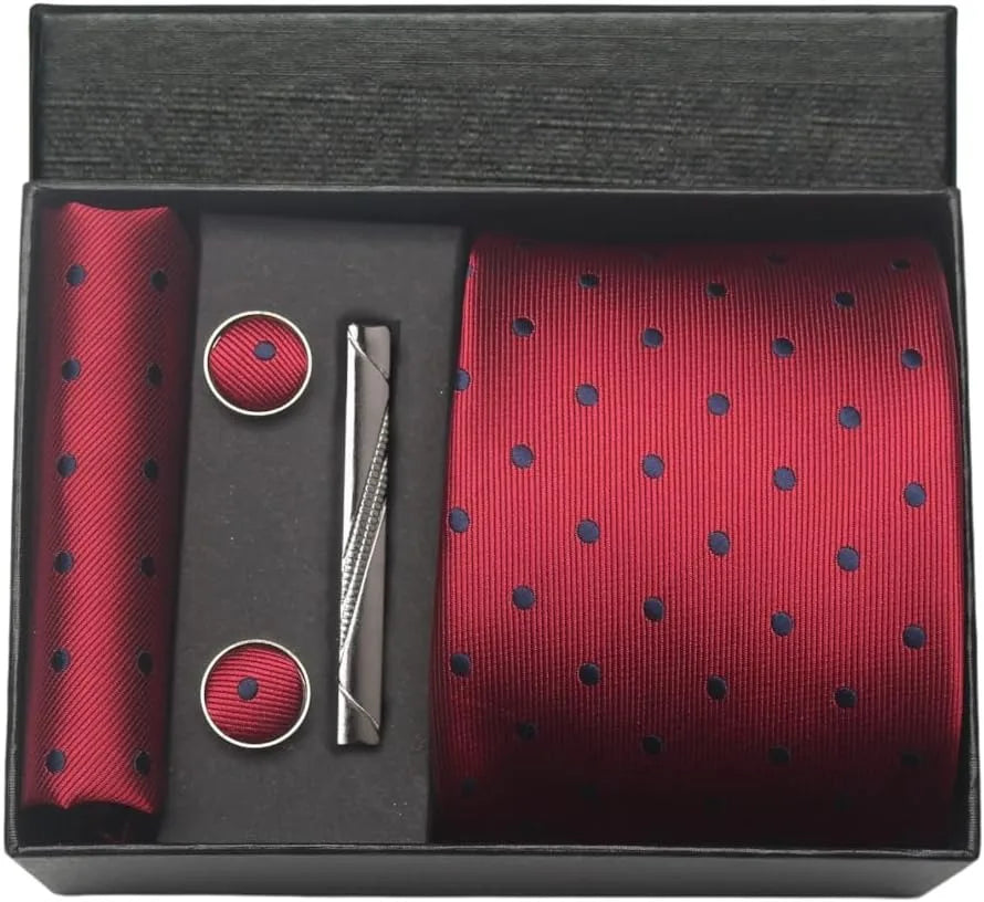 Classic 100% Silk Men's Ties In Gift box 8cm Plaid Dot Striped Business Necktie Handkerchief Cufflinks Wedding Party Tie Set