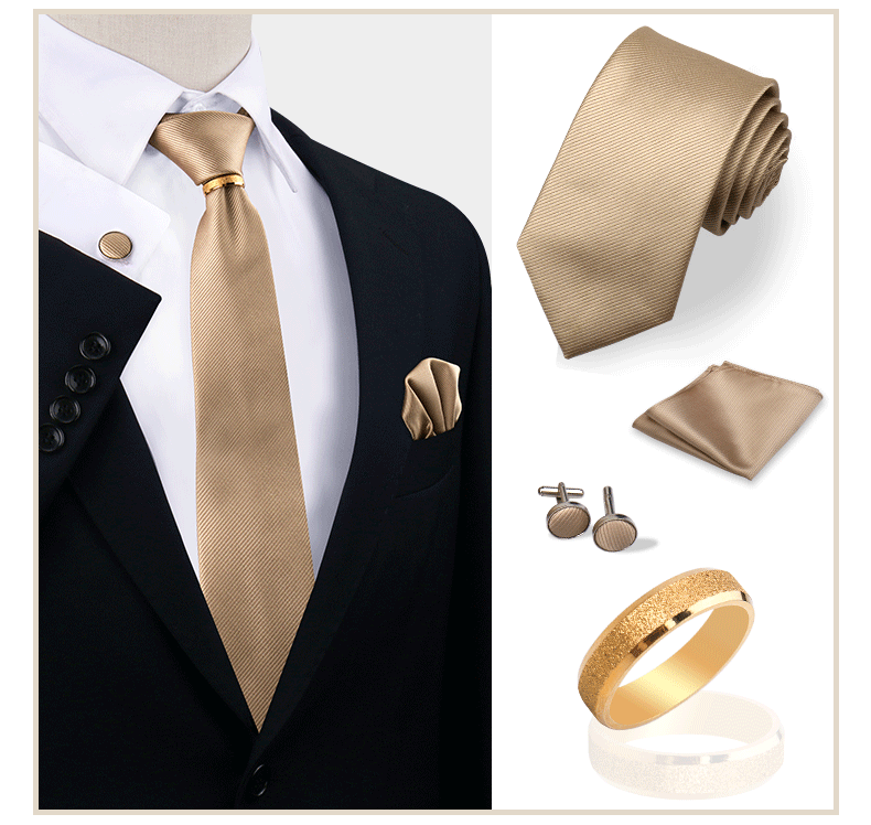 Ensemble de cravates en soie de luxe pour hommes, cravate, mouchoir, boutons de manchette avec anneau en métal doré, broche, costume, fête de mariage, accessoires pour hommes