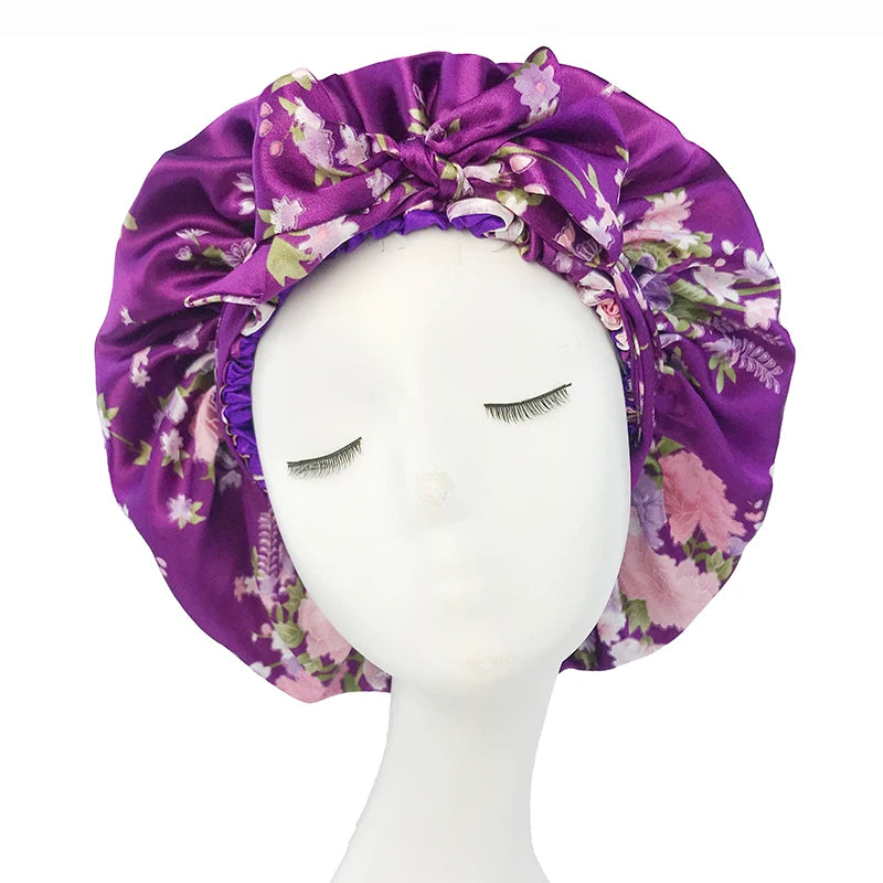 Bonnet en satin doux et soyeux pour femme, grand bonnet de nuit avec long ruban de satin, bandeau large et réglable