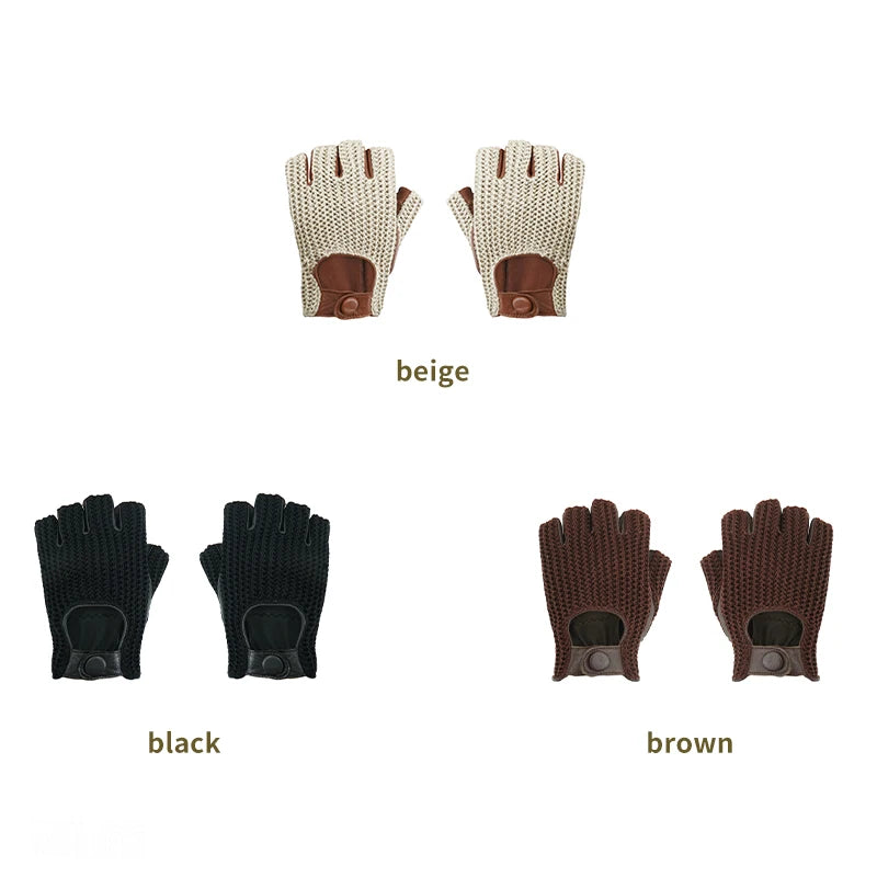 Gants de conduite pour hommes, gants de moto, gants demi-doigts en peau de mouton, gants de voiture en cuir tricoté pour hommes, gants de travail