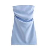 TRAF Dress Women Off Shoulder Corset Short Dresses Ruched Backless Blue Black White Dress Woman Sexy Bodycon Party Dresses