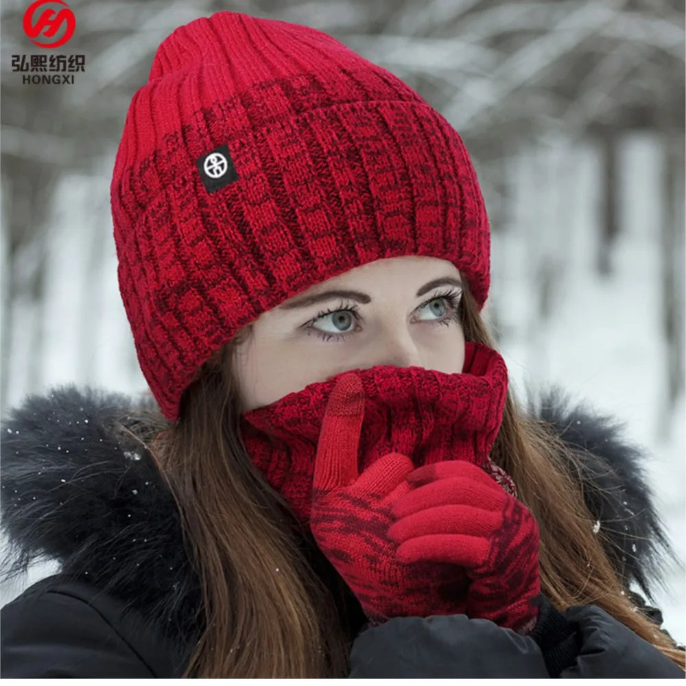 Knitted Cap Scarf three-piece Hat Autumn Winter Outdoor Ride Windproof Cold Warm three-piece Gradient Clash Of Colours Set