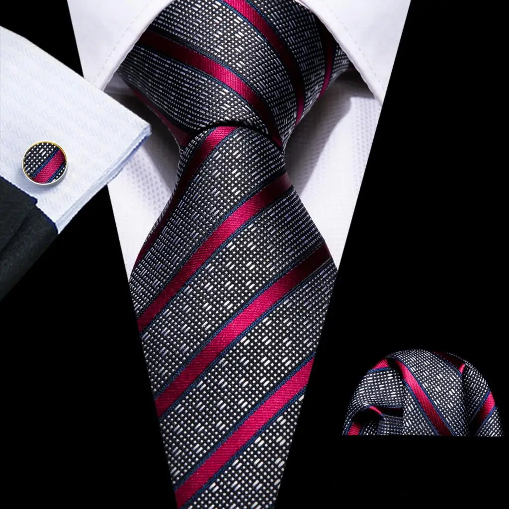 Barry.Wang Ensemble cravate et boutons de manchette en soie pour homme, motif jacquard, rouge, bordeaux, rose, pour mariage, affaires, fête